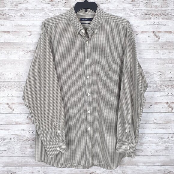 Nautica Mens Button Down Shirt XXL Long Sleeve Green Check Sanded Poplin 542 - Picture 1 of 5